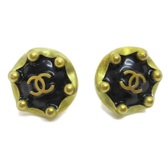 Chanel Button Earrings Gold Black Clip-On 94A - Picture 1 of 4